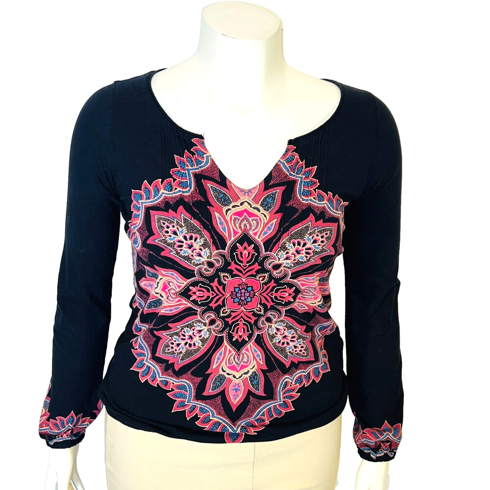 Lucky Brand Blouse Top Womens S Black Pink Long Balloon Sleeve V-Neck